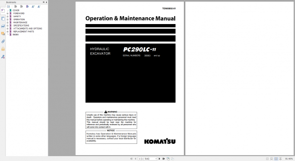 Komatsu Hydraulic Excavator PC290LC 11 Operation Maintenance Manual TEN00892 01 2019