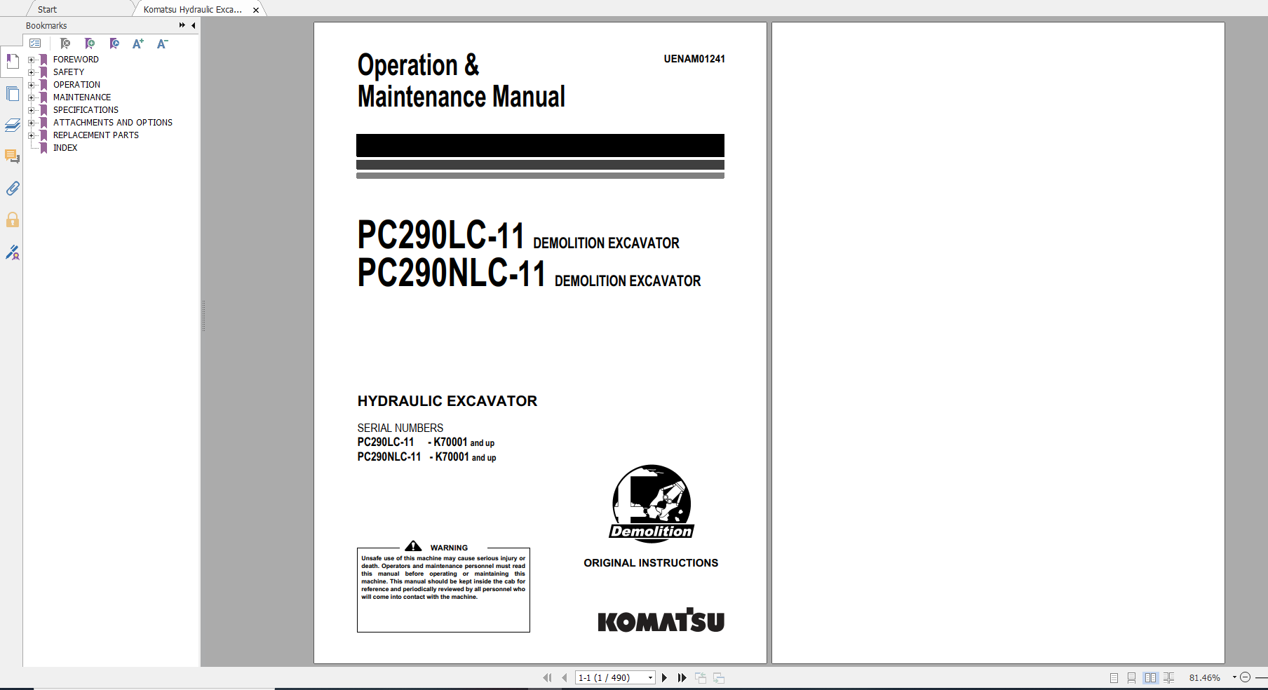 Komatsu Hydraulic Excavator PC290LC 11 PC240NLC 11 Operation Maintenance Manual UENAM01241 2016