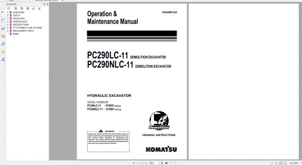 Komatsu Hydraulic Excavator PC290LC 11 PC240NLC 11 Operation Maintenance Manual UENAM01242 2016