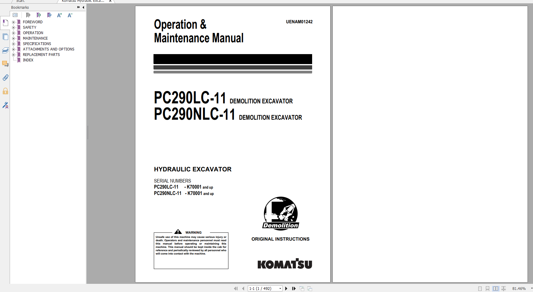 Komatsu Hydraulic Excavator PC290LC 11 PC240NLC 11 Operation Maintenance Manual UENAM01242 2016
