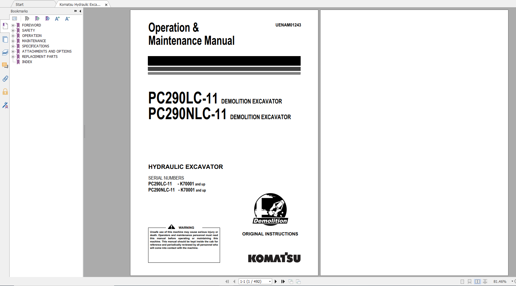 Komatsu Hydraulic Excavator PC290LC 11 PC240NLC 11 Operation Maintenance Manual UENAM01243 2017