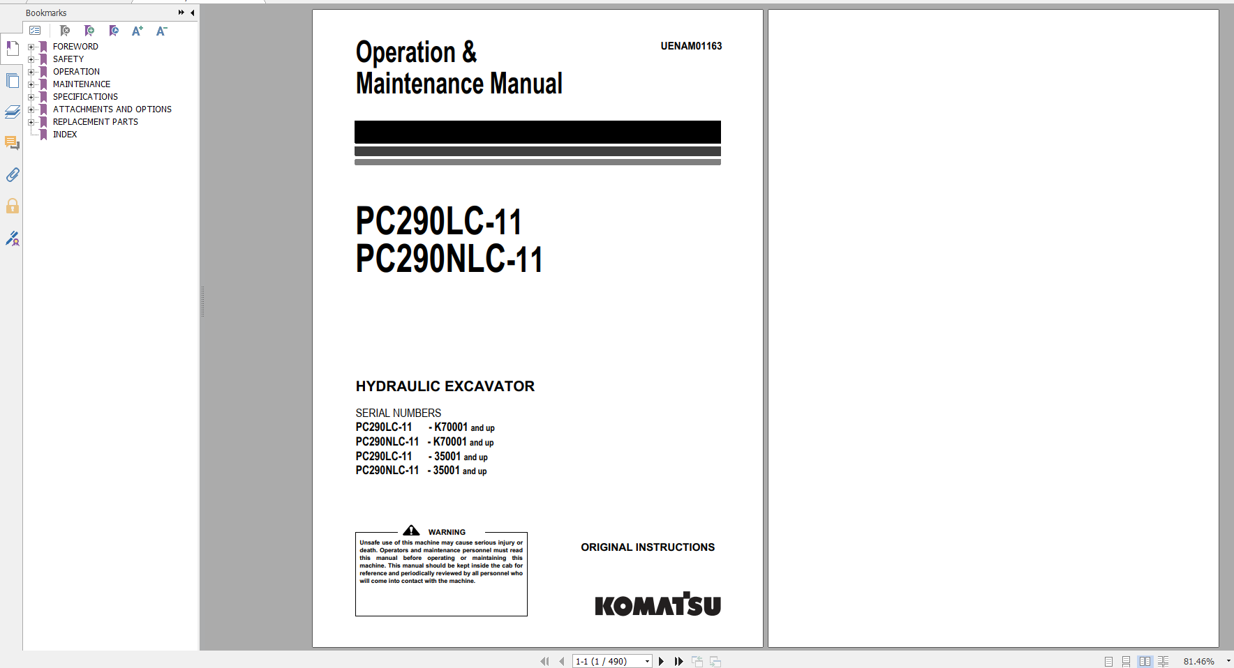 Komatsu Hydraulic Excavator PC290LC 11 PC290NLC 11 Operation Maintenance Manual UENAM01163 2016