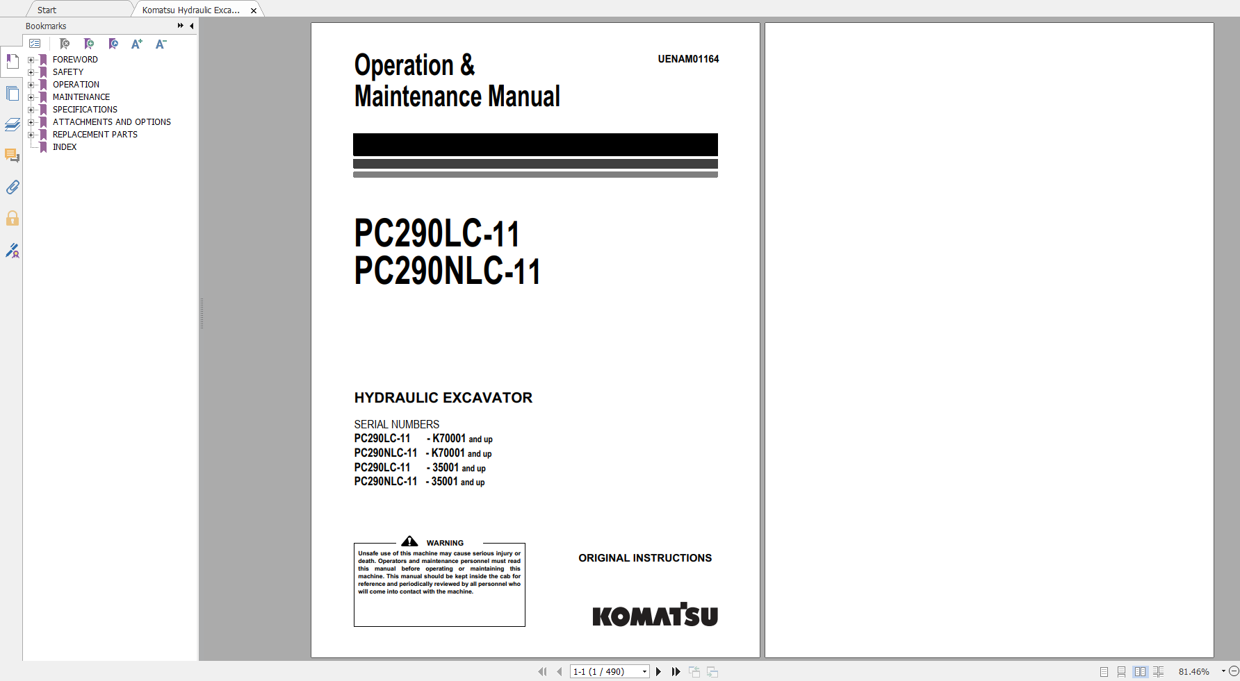 Komatsu Hydraulic Excavator PC290LC 11 PC290NLC 11 Operation Maintenance Manual UENAM01164 2016