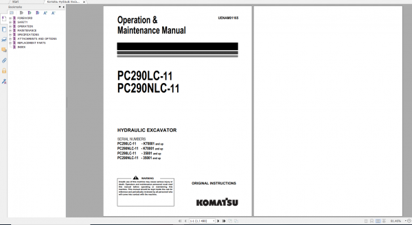 Komatsu Hydraulic Excavator PC290LC 11 PC290NLC 11 Operation Maintenance Manual UENAM01165 2017