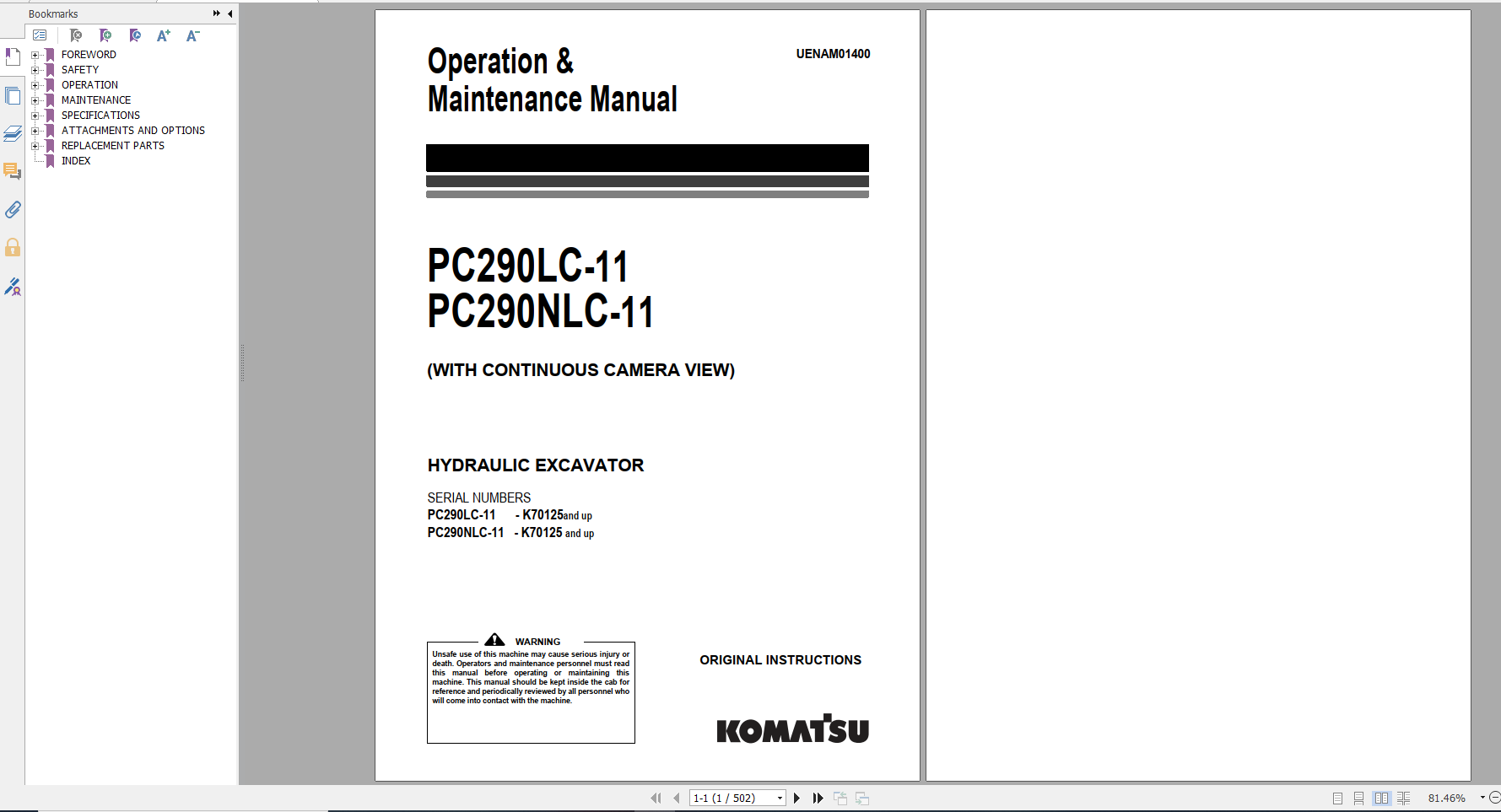 Komatsu Hydraulic Excavator PC290LC 11 PC290NLC 11 Operation Maintenance Manual UENAM01400 2018