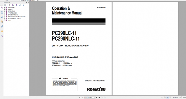 Komatsu Hydraulic Excavator PC290LC 11 PC290NLC 11 Operation Maintenance Manual UENAM01401 2018