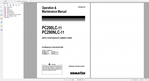 Komatsu Hydraulic Excavator PC290LC 11 PC290NLC 11 Operation Maintenance Manual UENAM01402 2019