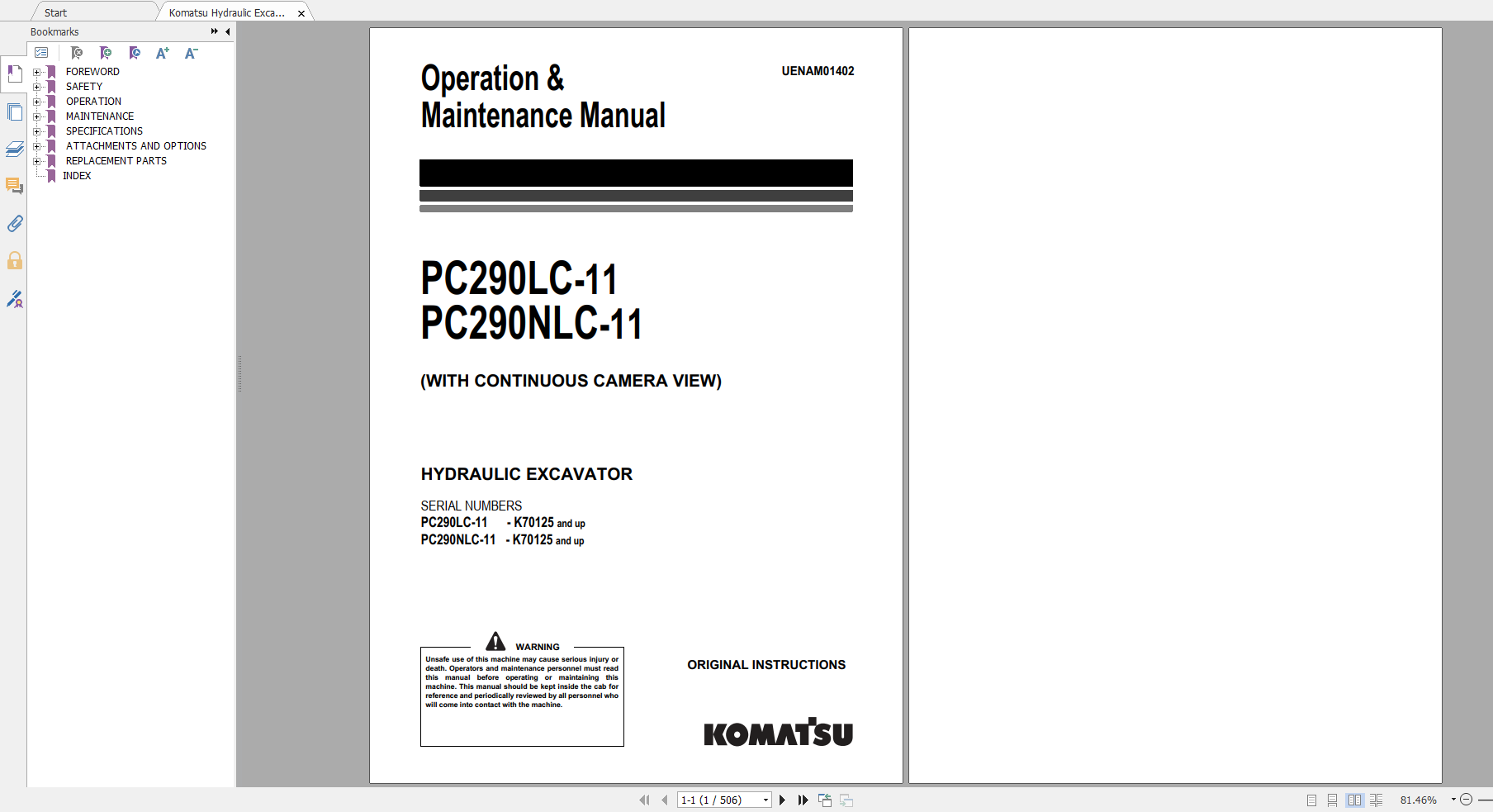 Komatsu Hydraulic Excavator PC290LC 11 PC290NLC 11 Operation Maintenance Manual UENAM01402 2019