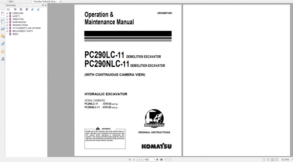 Komatsu Hydraulic Excavator PC290LC 11 PC290NLC 11 Operation Maintenance Manual UENAM01450 2018