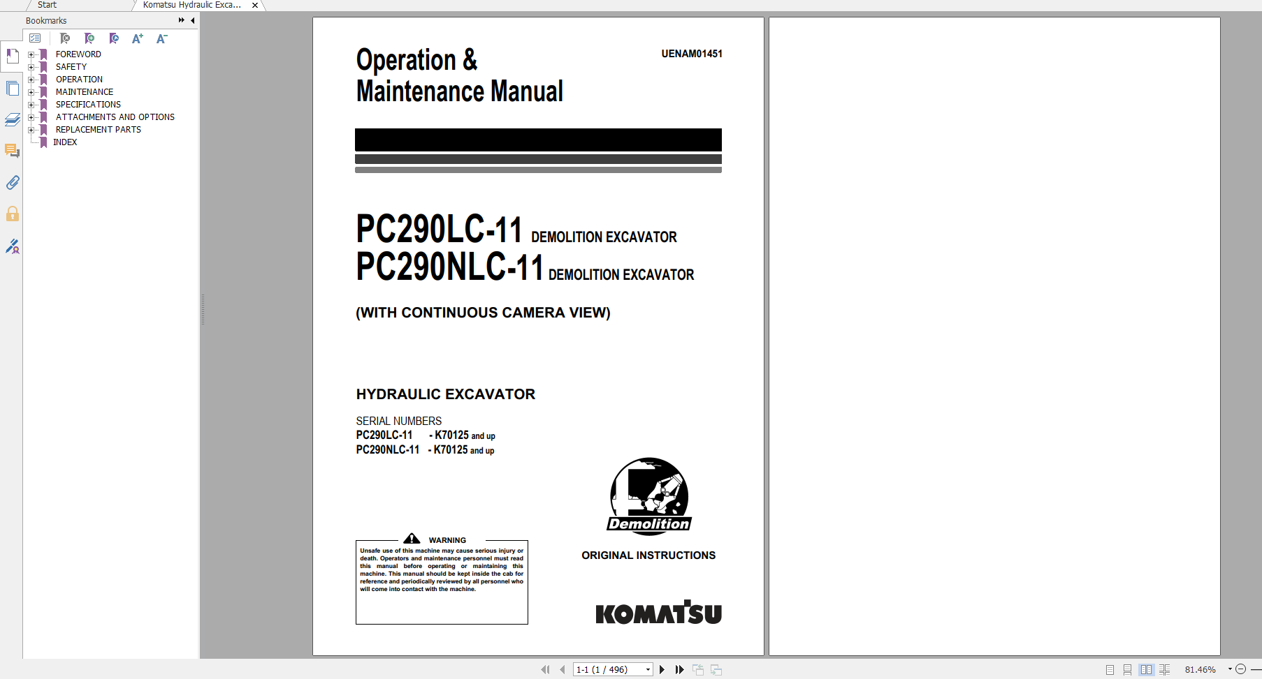 Komatsu Hydraulic Excavator PC290LC 11 PC290NLC 11 Operation Maintenance Manual UENAM01451 2018