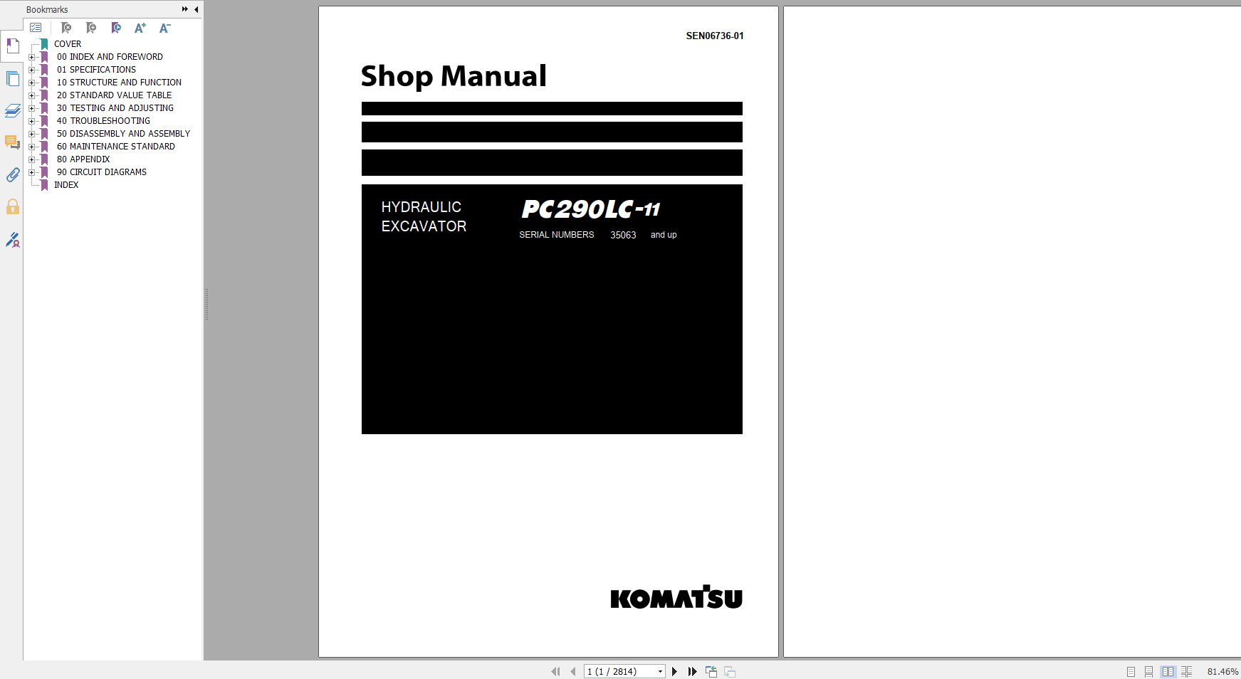 Komatsu Hydraulic Excavator PC290LC 11 Shop Manual SEN06736 01 2020