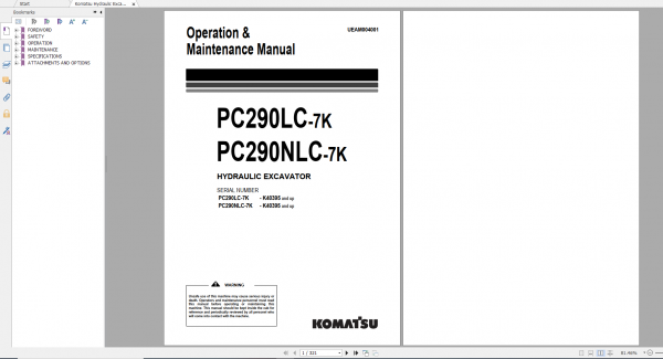 Komatsu Hydraulic Excavator PC290LC 7K PC290NLC 7K Operation Maintenance Manual UEAM004001 2005