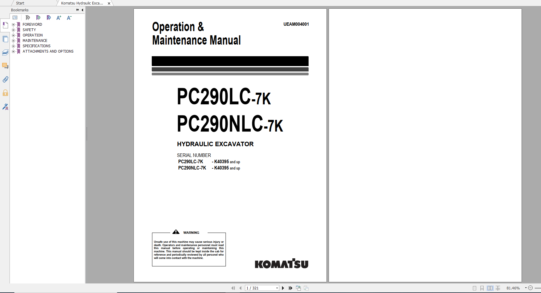 Komatsu Hydraulic Excavator PC290LC 7K PC290NLC 7K Operation Maintenance Manual UEAM004001 2005