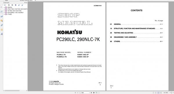 Komatsu Hydraulic Excavator PC290LC 7K PC290NLC 7K Shop Manual UEBM001601 2008