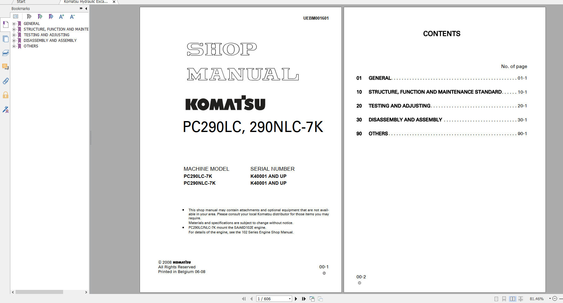 Komatsu Hydraulic Excavator PC290LC 7K PC290NLC 7K Shop Manual UEBM001601 2008