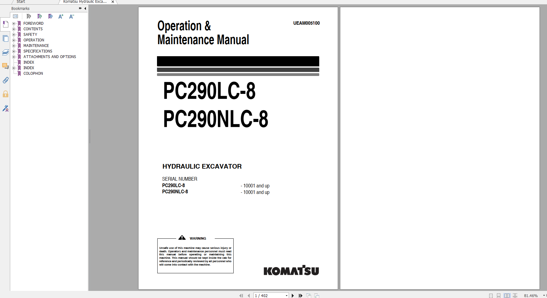 Komatsu Hydraulic Excavator PC290LC 8 PC290NLC 8 Operation Maintenance Manual UEAM005100 2005