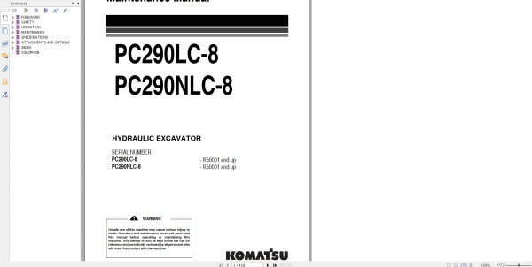 Komatsu Hydraulic Excavator PC290LC 8 PC290NLC 8 Operation Maintenance Manual UEAM006100 2006