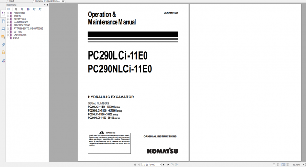 Komatsu Hydraulic Excavator PC290LCi 11E0 PC290NLCi 11E0 Operation Maintenance Manual UENAM01681 2020