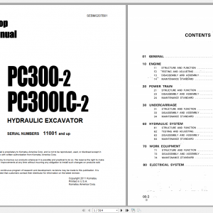 Komatsu Hydraulic Excavator PC300 2 PC300LC 2 Shop Manual SEBM0207B01 1992