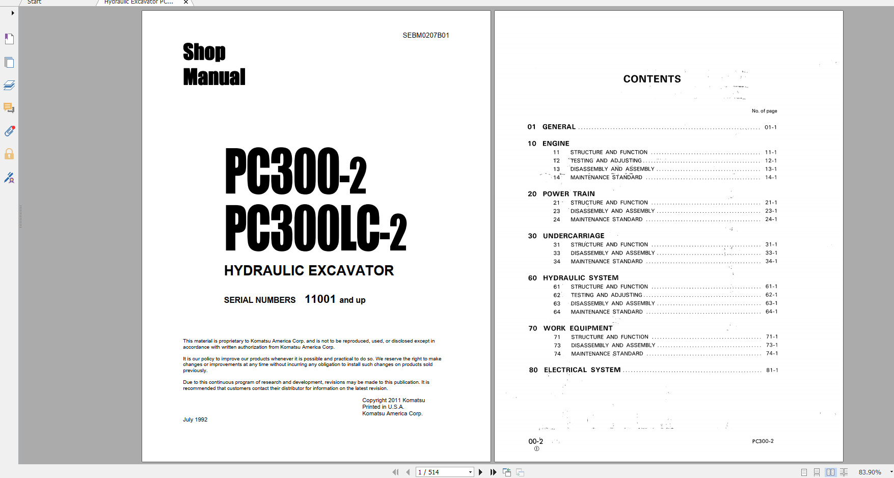 Komatsu Hydraulic Excavator PC300 2 PC300LC 2 Shop Manual SEBM0207B01 1992