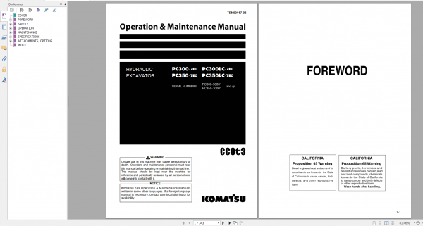 Komatsu Hydraulic Excavator PC300 7E0 PC300LC 7E0 PC350 7E0 PC350LC 7E0 Operation Maintenance Manual TEN00117 08 2009