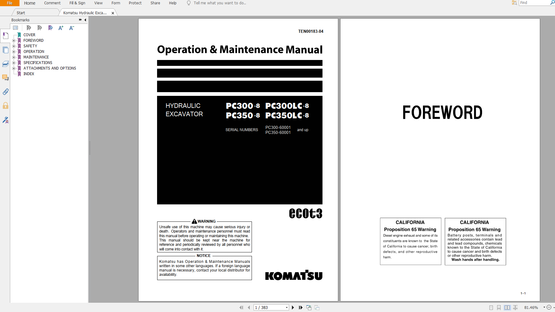 Komatsu Hydraulic Excavator PC300 8 PC300LC 8 PC350 8 PC350LC 8 Operation Maintenance Manual TEN00183 04 2009