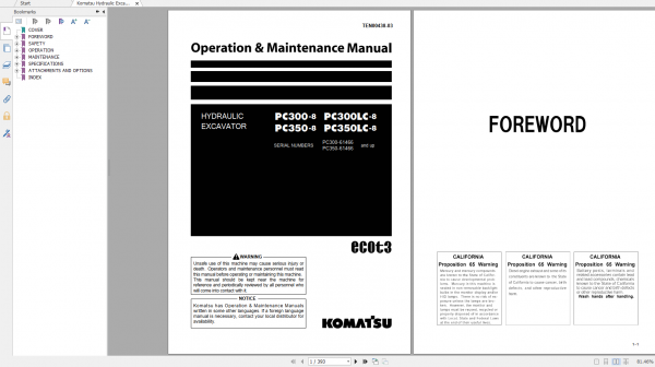 Komatsu Hydraulic Excavator PC300 8 PC300LC 8 PC350 8 PC350LC 8 Operation Maintenance Manual TEN00438 03 2013