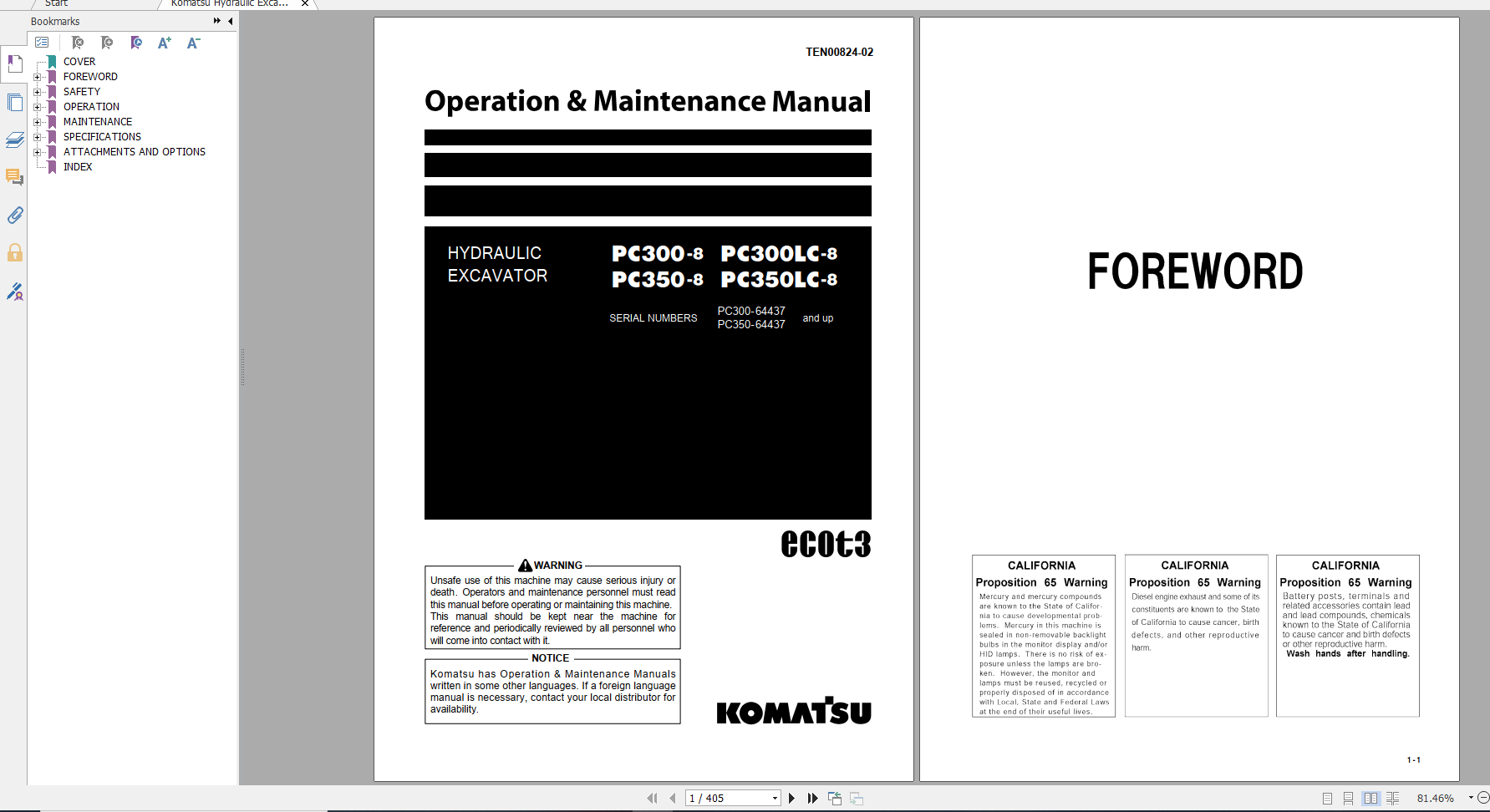 Komatsu Hydraulic Excavator PC300 8 PC300LC 8 PC350 8 PC350LC 8 Operation Maintenance Manual TEN00824 02 2019