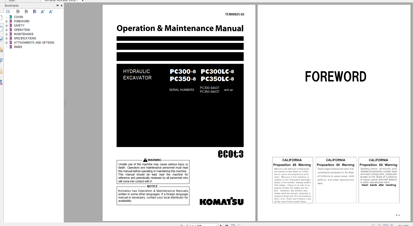 Komatsu Hydraulic Excavator PC300 8 PC300LC 8 PC350 8 PC350LC 8 Operation Maintenance Manual TEN00825 02 2019