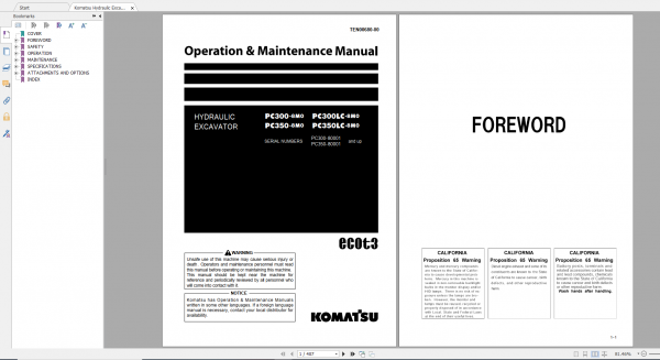Komatsu Hydraulic Excavator PC300 8M0 PC300LC 8M0 PC350 8M0 PC350LC 8M0 Operation Maintenance Manual TEN00680 00 2014