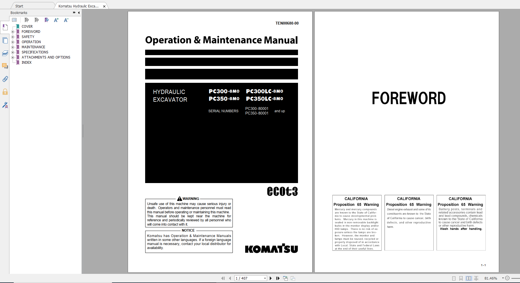 Komatsu Hydraulic Excavator PC300 8M0 PC300LC 8M0 PC350 8M0 PC350LC 8M0 Operation Maintenance Manual TEN00680 00 2014
