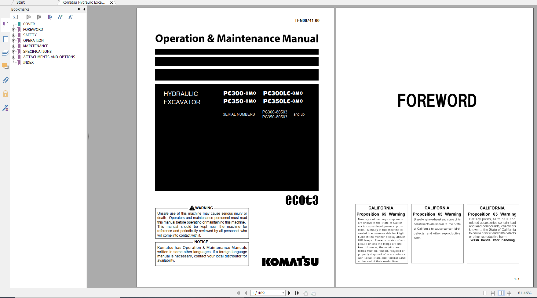 Komatsu Hydraulic Excavator PC300 8M0 PC300LC 8M0 PC350 8M0 PC350LC 8M0 Operation Maintenance Manual TEN00741 00 2015