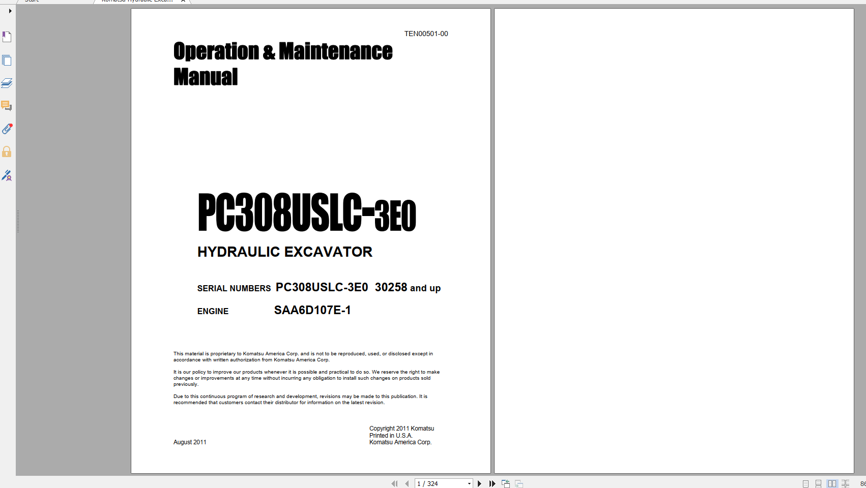 Komatsu Hydraulic Excavator PC308USLC 3E0 Engine SAA6D107E 1 Operation Maintenance Manual TEN00501 00 2011