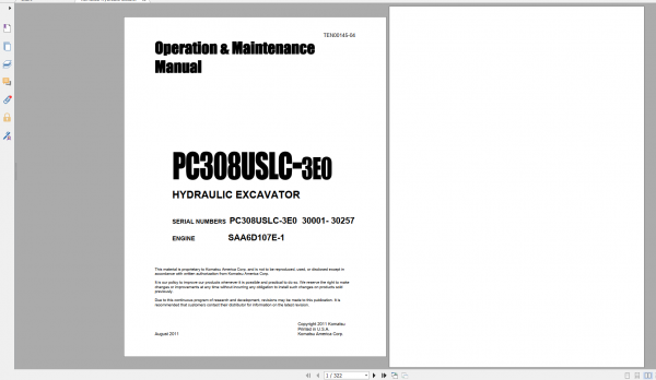 Komatsu Hydraulic Excavator PC308USLC 3E0 Engine SAA6D107E1 Operation Maintenance Manual TEN00145 04 2011
