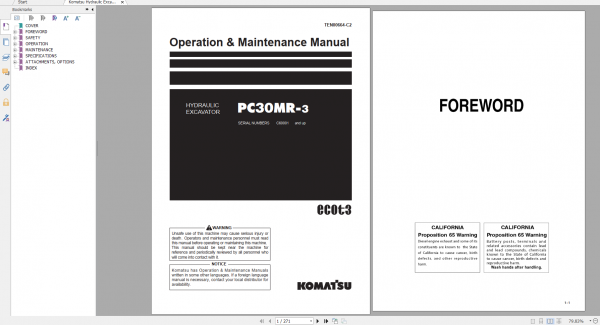 Komatsu Hydraulic Excavator PC30MR 3 Operation Maintenance Manual TEN00664 C2 2017