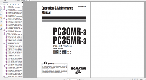 Komatsu Hydraulic Excavator PC30MR 3 PC35MR 3 Operation Maintenance Manual WEAM009600 2008