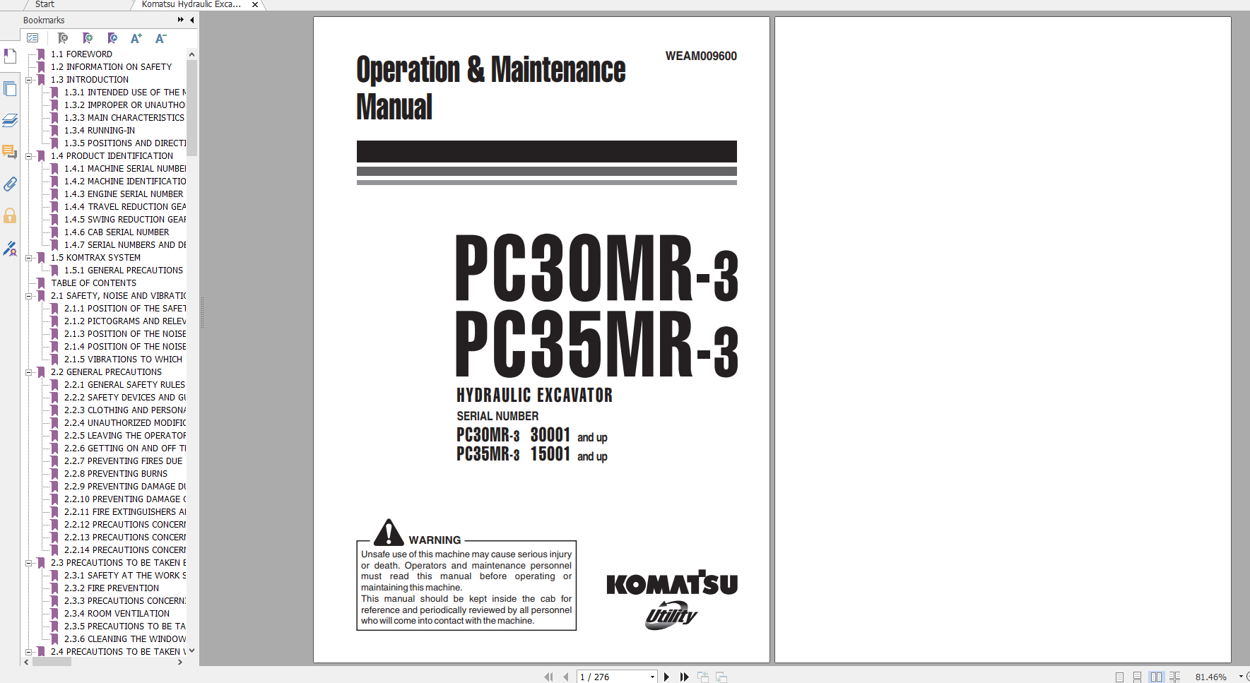 Komatsu Hydraulic Excavator PC30MR 3 PC35MR 3 Operation Maintenance Manual WEAM009600 2008
