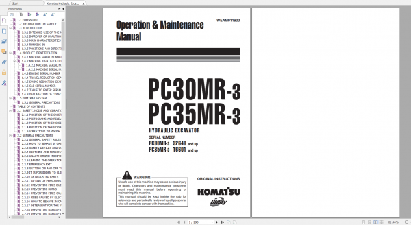 Komatsu Hydraulic Excavator PC30MR 3 PC35MR 3 Operation Maintenance Manual WEAM011900 2009