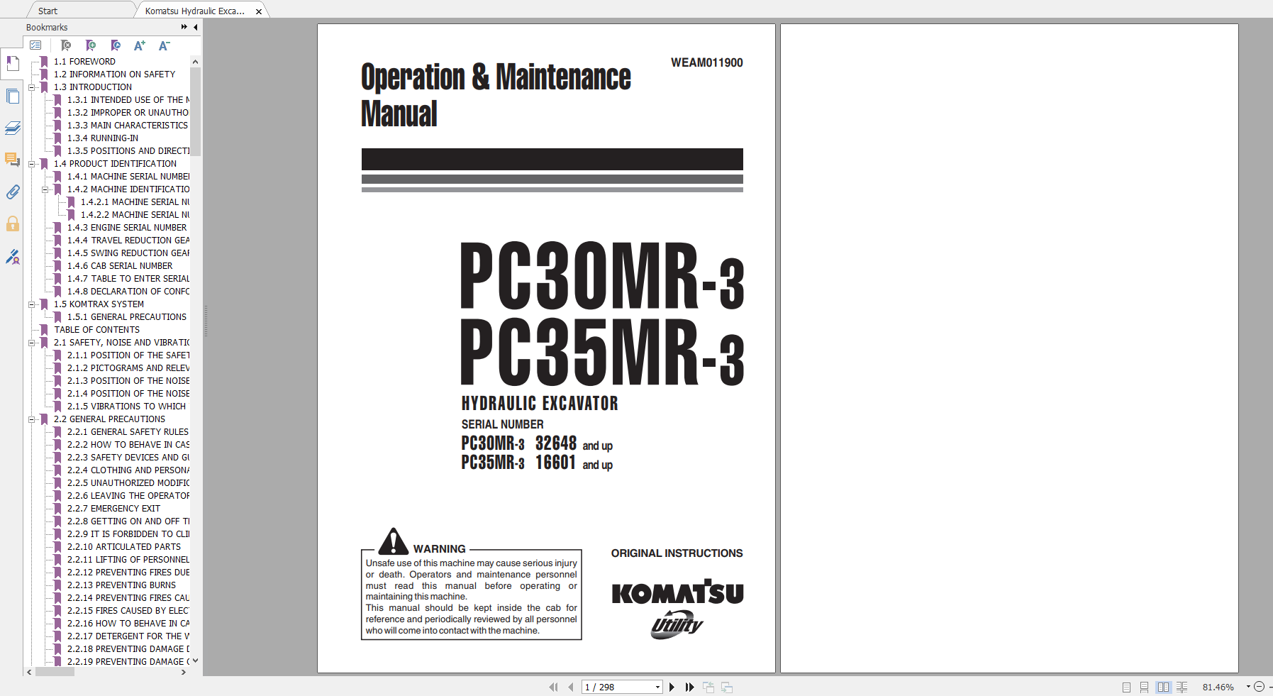 Komatsu Hydraulic Excavator PC30MR 3 PC35MR 3 Operation Maintenance Manual WEAM011900 2009
