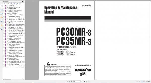 Komatsu Hydraulic Excavator PC30MR 3 PC35MR 3 Operation Maintenance Manual WEAM011902 2010