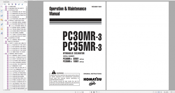 Komatsu Hydraulic Excavator PC30MR 3 PC35MR 3 Operation Maintenance Manual WEAM011904 2011