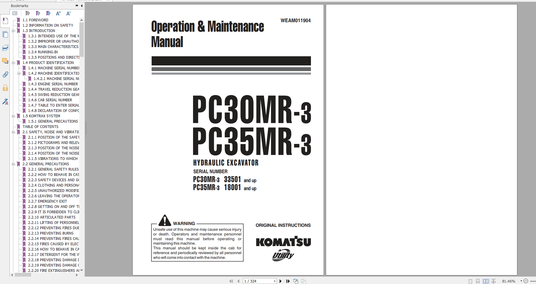 Komatsu Hydraulic Excavator PC30MR 3 PC35MR 3 Operation Maintenance Manual WEAM011904 2011