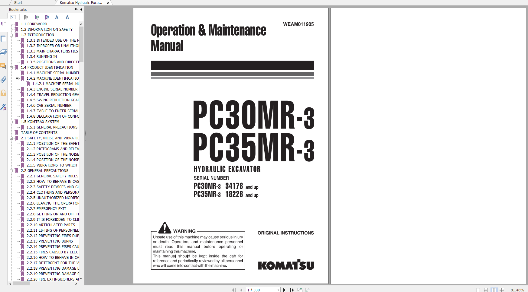 Komatsu Hydraulic Excavator PC30MR 3 PC35MR 3 Operation Maintenance Manual WEAM011905 2011