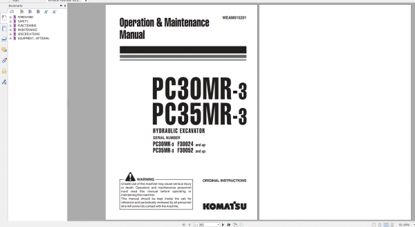 Komatsu Hydraulic Excavator PC30MR 3 PC35MR 3 Operation Maintenance Manual WEAM015201 2012