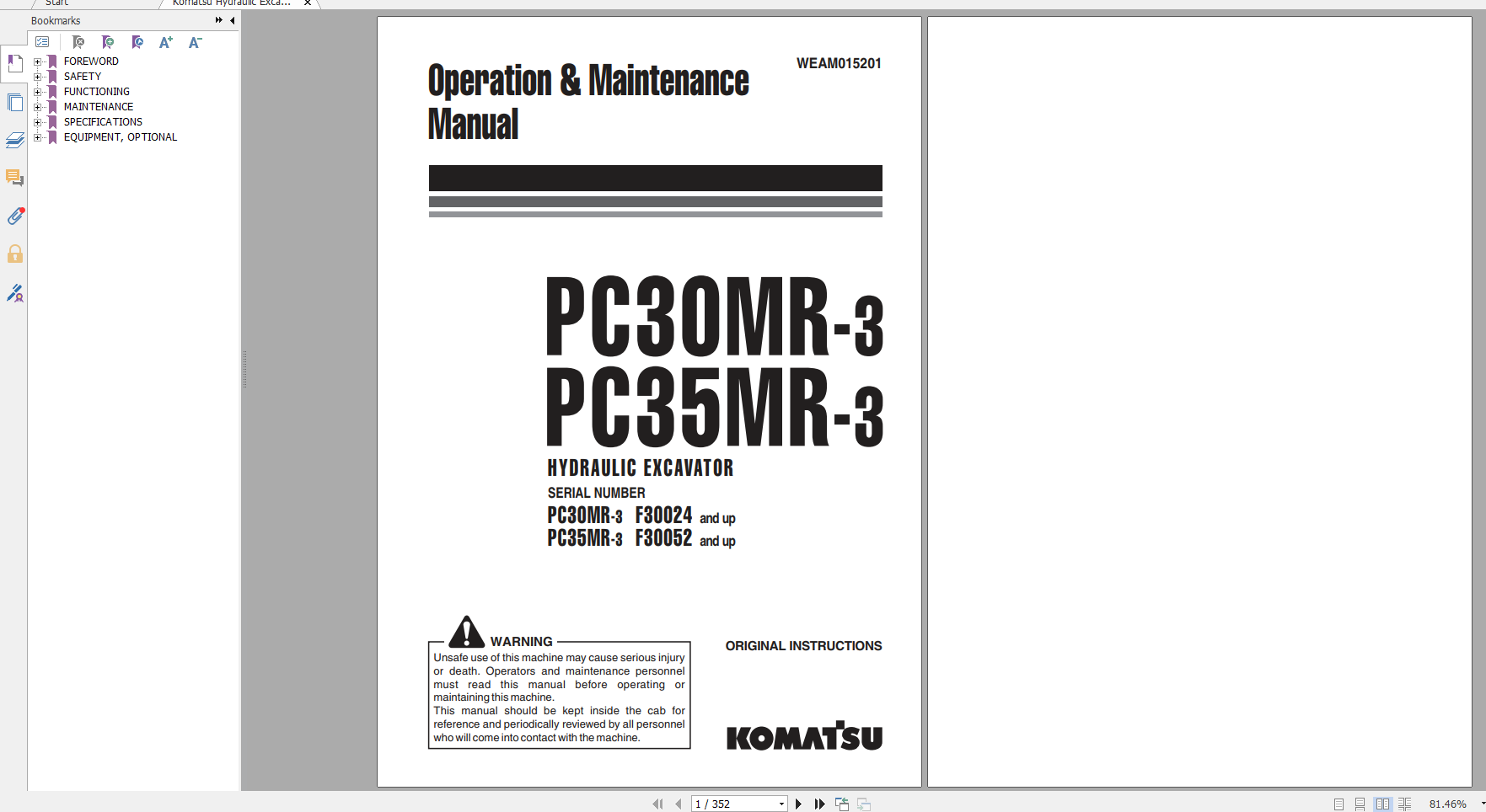 Komatsu Hydraulic Excavator PC30MR 3 PC35MR 3 Operation Maintenance Manual WEAM015201 2012