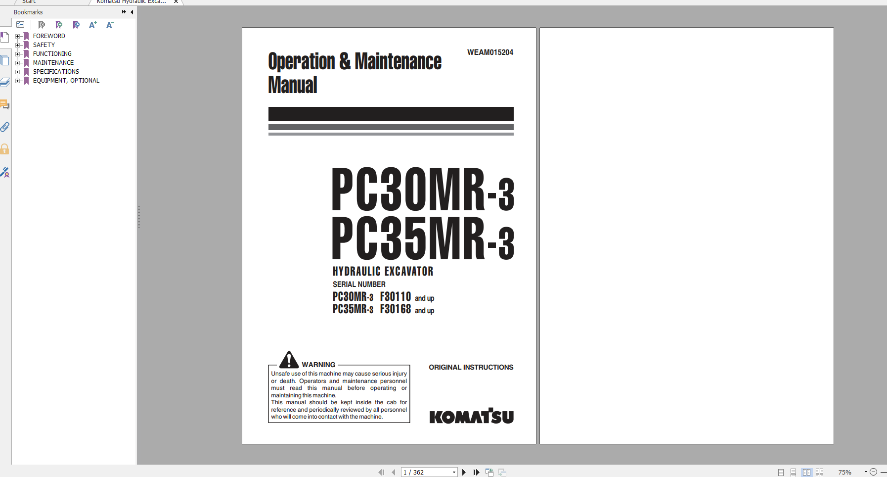 Komatsu Hydraulic Excavator PC30MR 3 PC35MR 3 Operation Maintenance Manual WEAM015204 2016