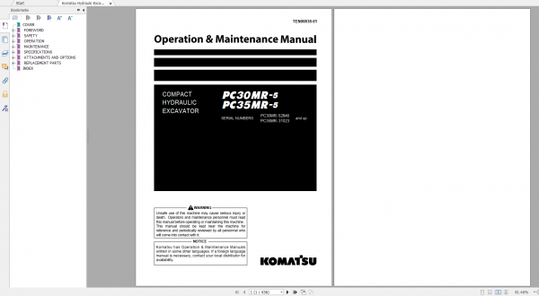 Komatsu Hydraulic Excavator PC30MR 5 PC35MR 5 Operation Maintenance Manual TEN00838 01 2019