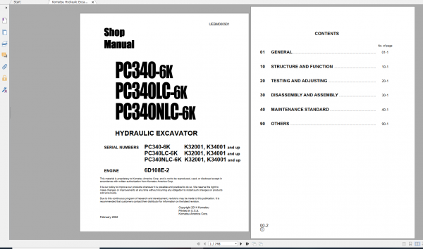 Komatsu Hydraulic Excavator PC340 6K PC340LC 6K PC340NLC 6K Engine 6D108E 2 Shop Manual UEBM000901 2002
