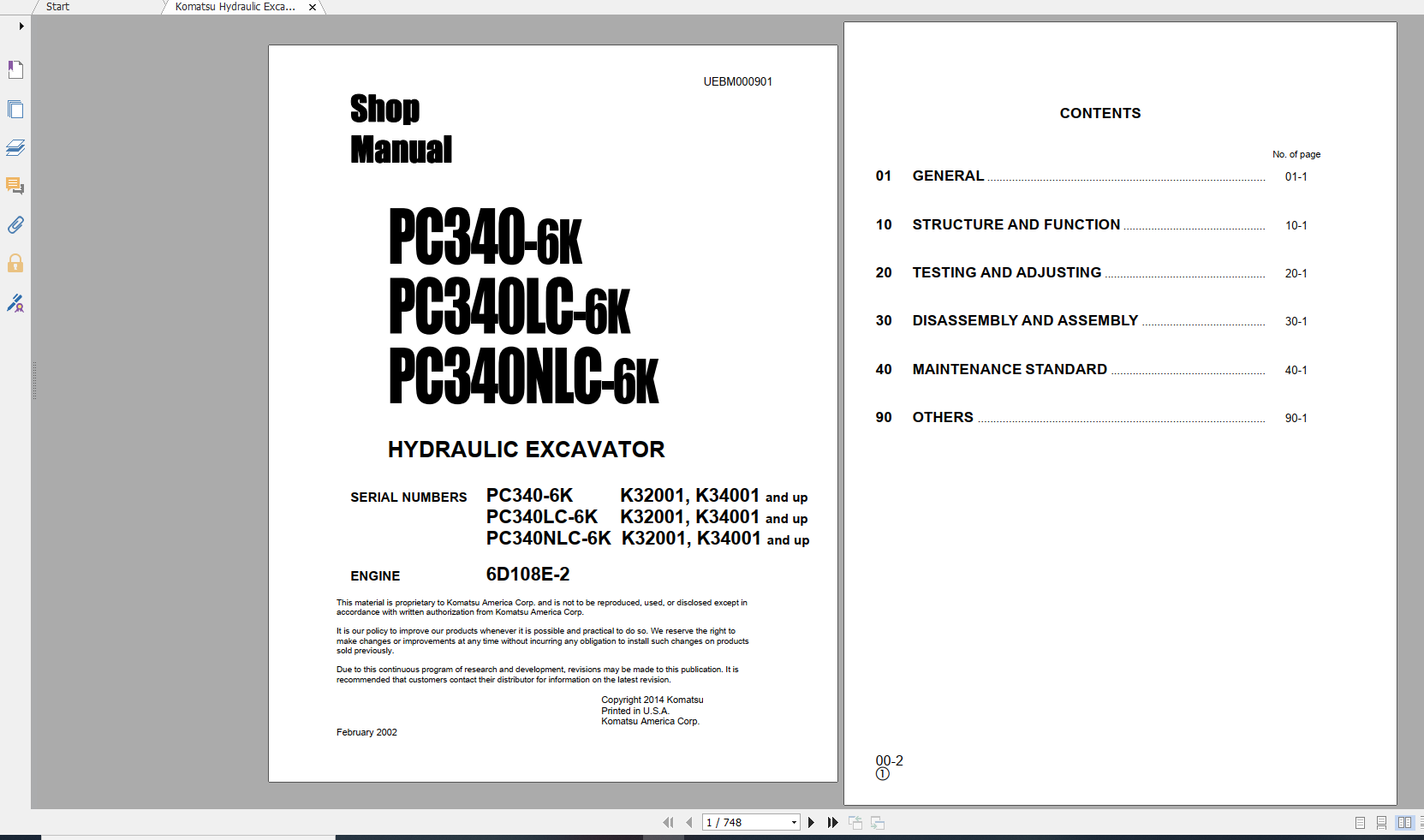 Komatsu Hydraulic Excavator PC340 6K PC340LC 6K PC340NLC 6K Engine 6D108E 2 Shop Manual UEBM000901 2002