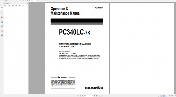 Komatsu Hydraulic Excavator PC340LC 7K Operation Maintenance Manual UEAM003400
